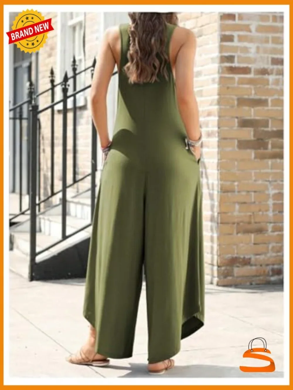 Wide Leg Linen Jumpsuit Sleeveless V Neck Pockets Romper